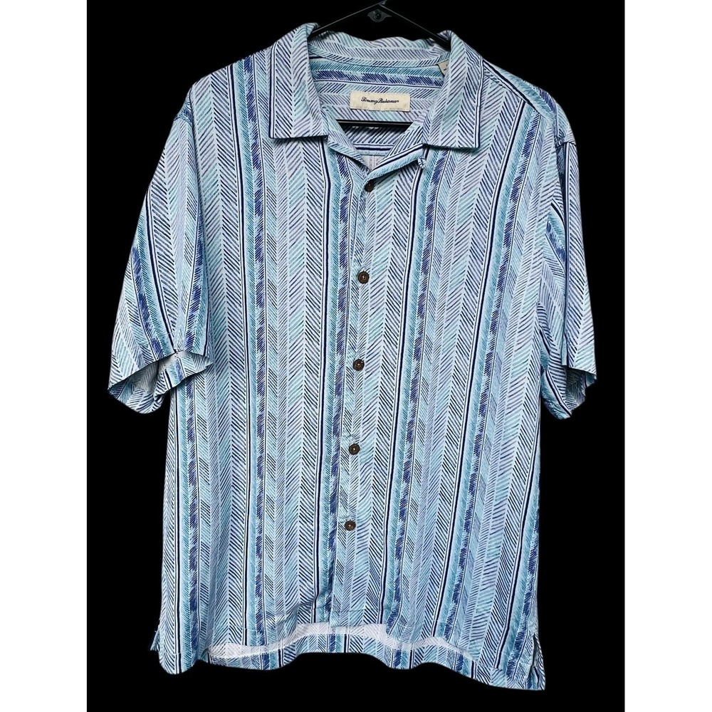 Tommy Bahama Mens Silk/Rayon Blue/Purple Striped Retro Button Up Shirt Size L